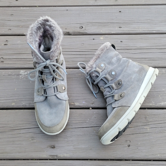 Sorel Explorer Joan Gray Suede Leather Lace-up Sneaker Winter Snow Ankle Boots - Picture 1 of 9